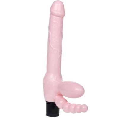 Vibrador rosa anatómico com base preta e estimuladores adicionais