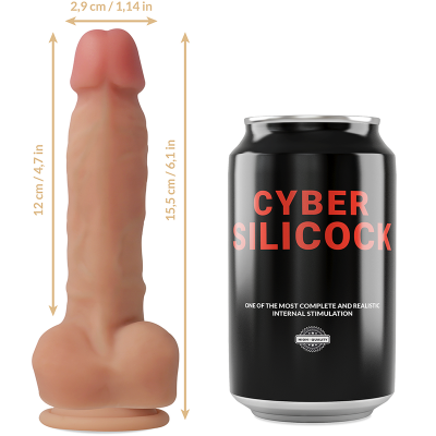 Dildo realista em silicone com lata preta ao lado