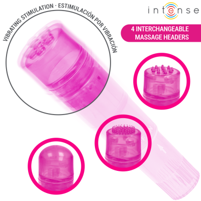 Vibrador rosa com 4 cabeças de massagem intercambiáveis em fundo branco