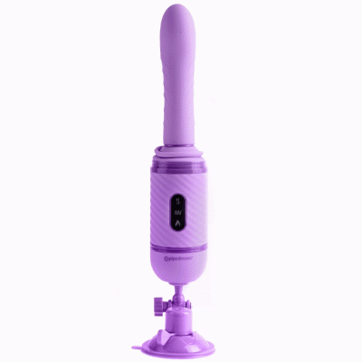 Vibrador lilás em silicone com ventosa e botões num fundo branco
