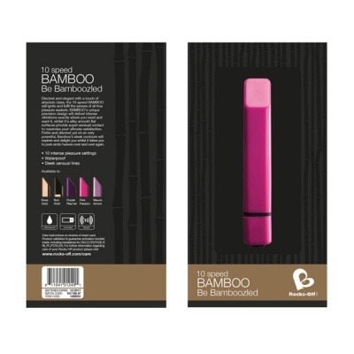 Embalagem preta com vibrador rosa BAMBOO 10 speeds e texto de descrição