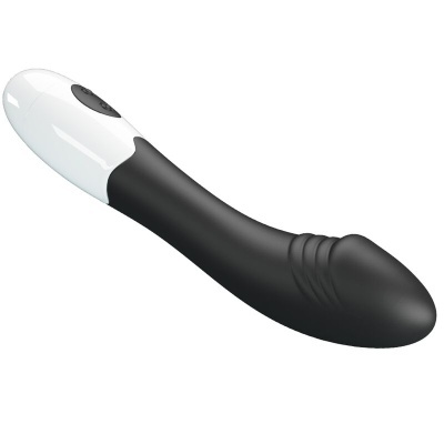 Vibrador curvado preto com base branca e botão
