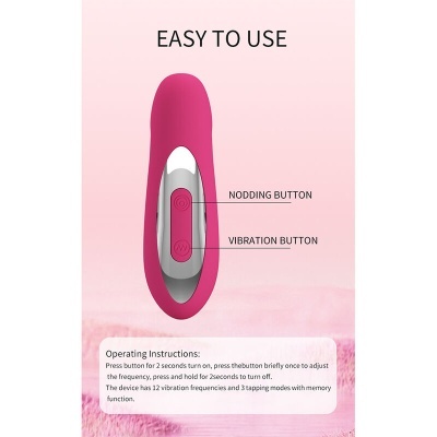 Vibrador rosa com botões e texto explicativo em fundo rosa