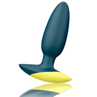 Produto em silicone azul com base amarela sobre fundo branco