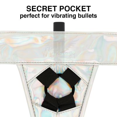 Peça de roupa íntima holográfica com bolsinha secreta e texto acima