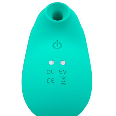 Dispositivo azul-turquesa de silicone com símbolos elétricos e etiquetas