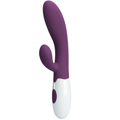 Vibrador roxo e branco com textura lisa e dois botões