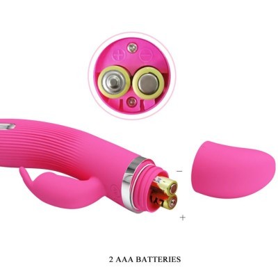Vibrador rosa em silicone com tampa removível e texto 2 AAA BATTERIES