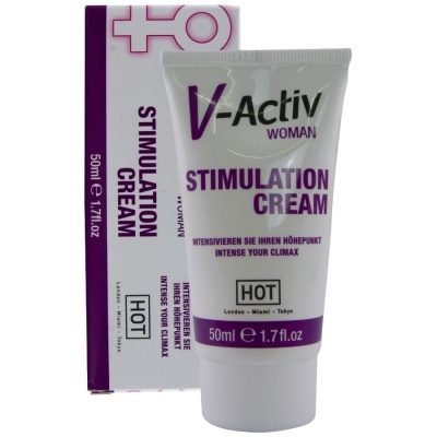 Creme de estimulação V-Activ Woman em tubo branco com embalagem branca e roxa