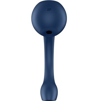 Objeto azul alongado com abertura circular e logotipo SF