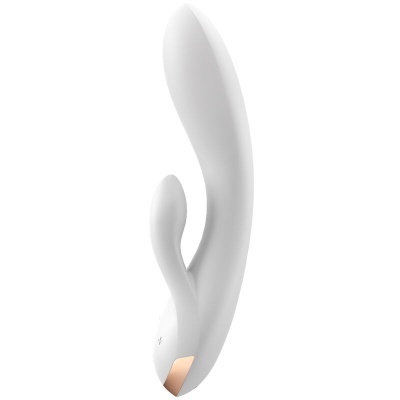 Vibrador branco com detalhe dourado e botão, fundo branco