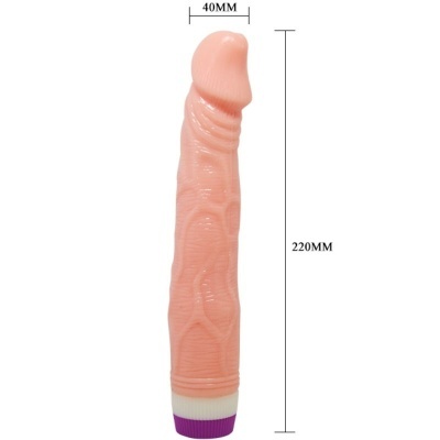Vibrador cor pele com textura e medidas visíveis