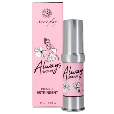 Frasco e embalagem rosa de produto íntimo 'Always pleasure' com texto e ilustrações de flores