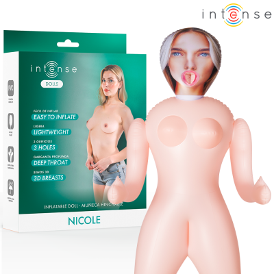 Boneca insuflável NICOLE com rosto impresso e seios 3D em caixa verde e branca