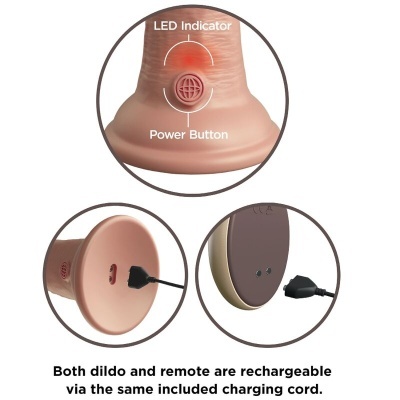 Dildo cor pele com botão e indicador LED, porta USB para carregamento e controle remoto, acompanhado do texto sobre recarga.