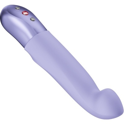 Vibrador lilás com base prateada e botões, em fundo branco