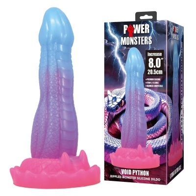 Dildo de silicone azul e roxo com base rosa e embalagem ao lado