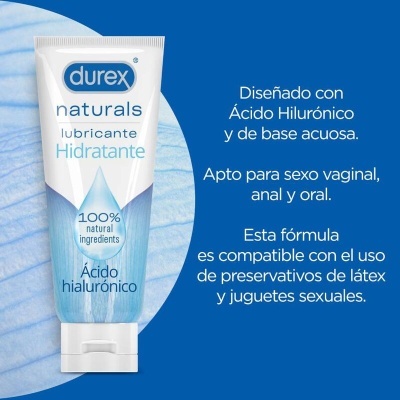 Tubo de lubrificante Durex Naturals Hidratante com texto explicativo em espanhol em fundo azul.