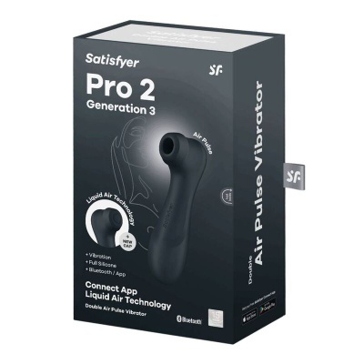 Caixa preta do vibrador Satisfyer Pro 2 Generation 3 com texto branco e imagem do produto em silicone preto