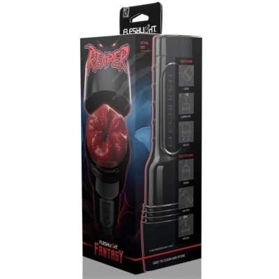Masturbador masculino Fleshlight Reaper em embalagem preta com texto instrutivo