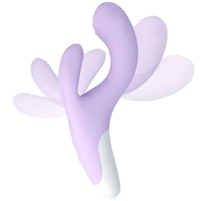 Vibrador roxo com base branca e design anatómico em fundo branco