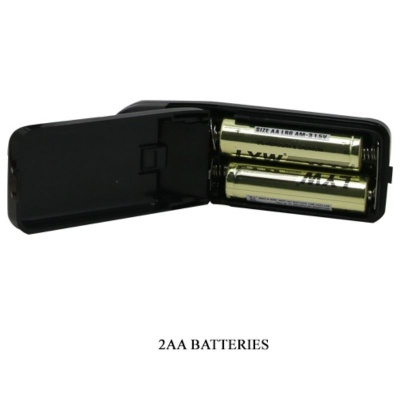 Suporte preto com duas pilhas AA douradas e texto '2AA BATTERIES' em fundo branco
