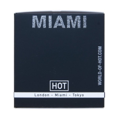 Embalagem preta com texto prateado e branco com palavras MIAMI, HOT, e London - Miami - Tokyo.