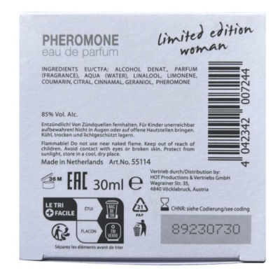 Embalagem de perfume PHEROMONE limited edition woman com texto e código de barras
