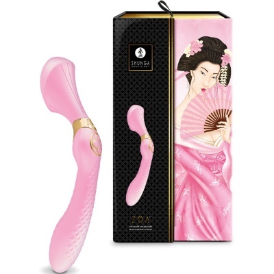 Vibrador rosa com embalagem ilustrada de mulher japonesa em fundo preto e rosa
