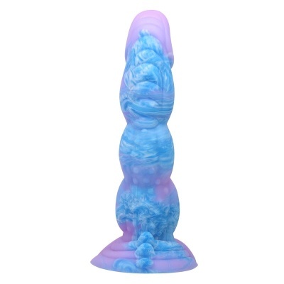 Objeto azul e lilás com textura ondulada e base larga