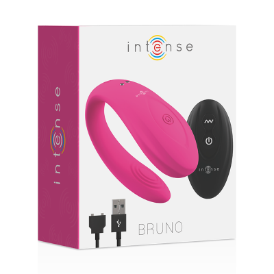 Embalagem do produto Intense Bruno com dispositivo rosa, controlo remoto preto e cabo USB