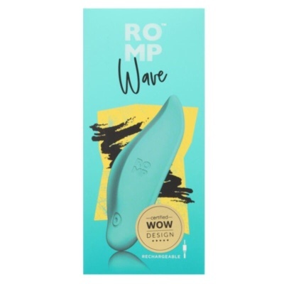 Caixa azul e amarela com dispositivo azul ROMP Wave e selo WOW DESIGN