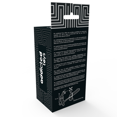 Embalagem preta da Addicted Toys com texto e desenho explicativo em branco