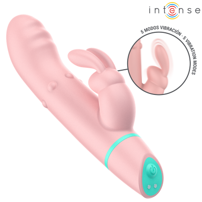 Vibrador rosa em silicone com textura e estimulador em forma de coelho