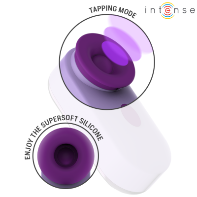 Dispositivo branco com silicone roxo e texto promocional da marca Intense
