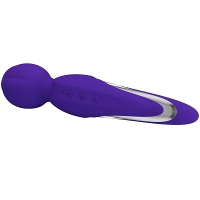 Vibrador de massagem pessoal roxo com botões e detalhe prateado