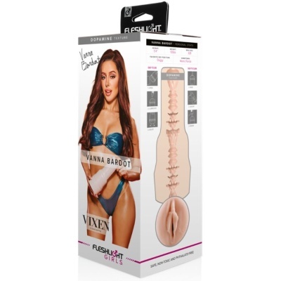 Embalagem de produto adulto Fleshlight Girls VIXEN com imagem de mulher e interior do produto ilustrado