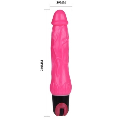 Vibrador cor-de-rosa com base preta e dimensões visíveis