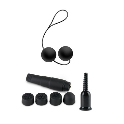 Conjunto de acessórios sexuais em silicone preto com várias peças removíveis e bolas ligadas por fio