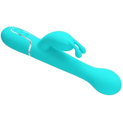 Vibrador azul turquesa de silicone com duas pontas e botões na base