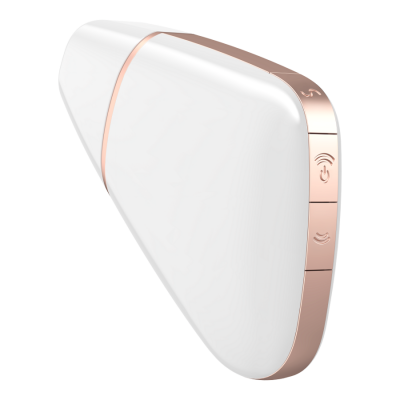 Dispositivo triangular branco com detalhes rosa dourado e botões laterais