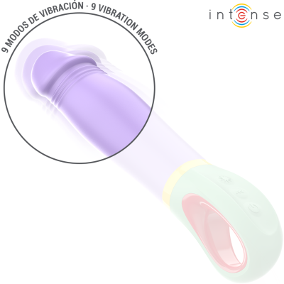 Vibrador roxo translúcido com controle branco e rosa e texto sobre modos de vibração