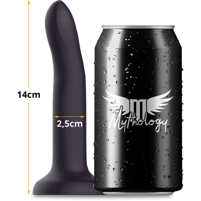 Vibrador de silicone preto ao lado de lata preta com texto Mythology