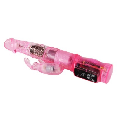 Vibrador rosa translúcido com controlador integrado e extensão para estimulação adicional.