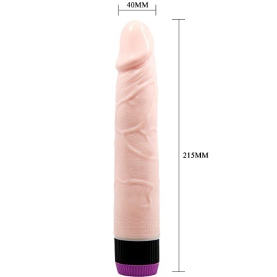 Vibrador rosa claro com textura, base preta e anel roxo, medidas visíveis.