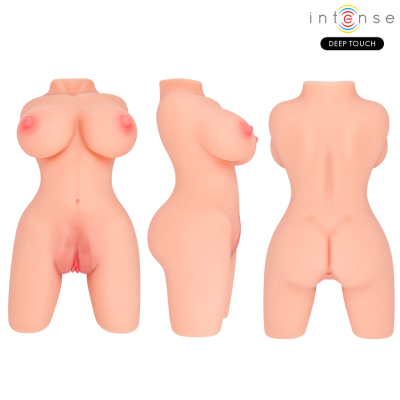 Torso feminino artificial sem cabeça e membros em três ângulos, cor bege com detalhes naturais