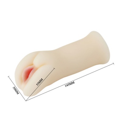 Produto sexual cilíndrico bege com interior rosa, dimensões 145MM x 50MM x 55MM em fundo branco