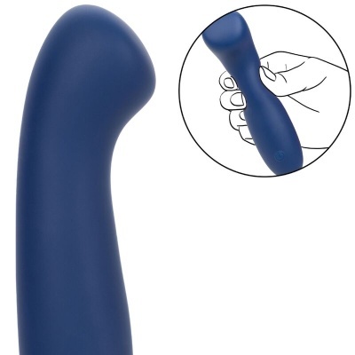 Objeto azul de silicone curvado com ilustração da mão a segurá-lo