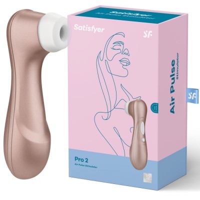 Estimulador Air Pulse dourado e caixa rosa azul com texto e desenho de rosto