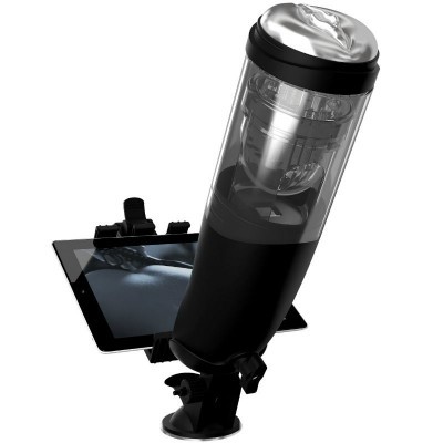 Dispositivo cilíndrico transparente com base preta montado numa ventosa sobre um tablet preto